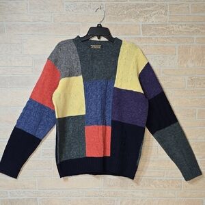 Brooks Brothers 100% Shetland Wool Patchwork Cable Knit Sweater | Size L